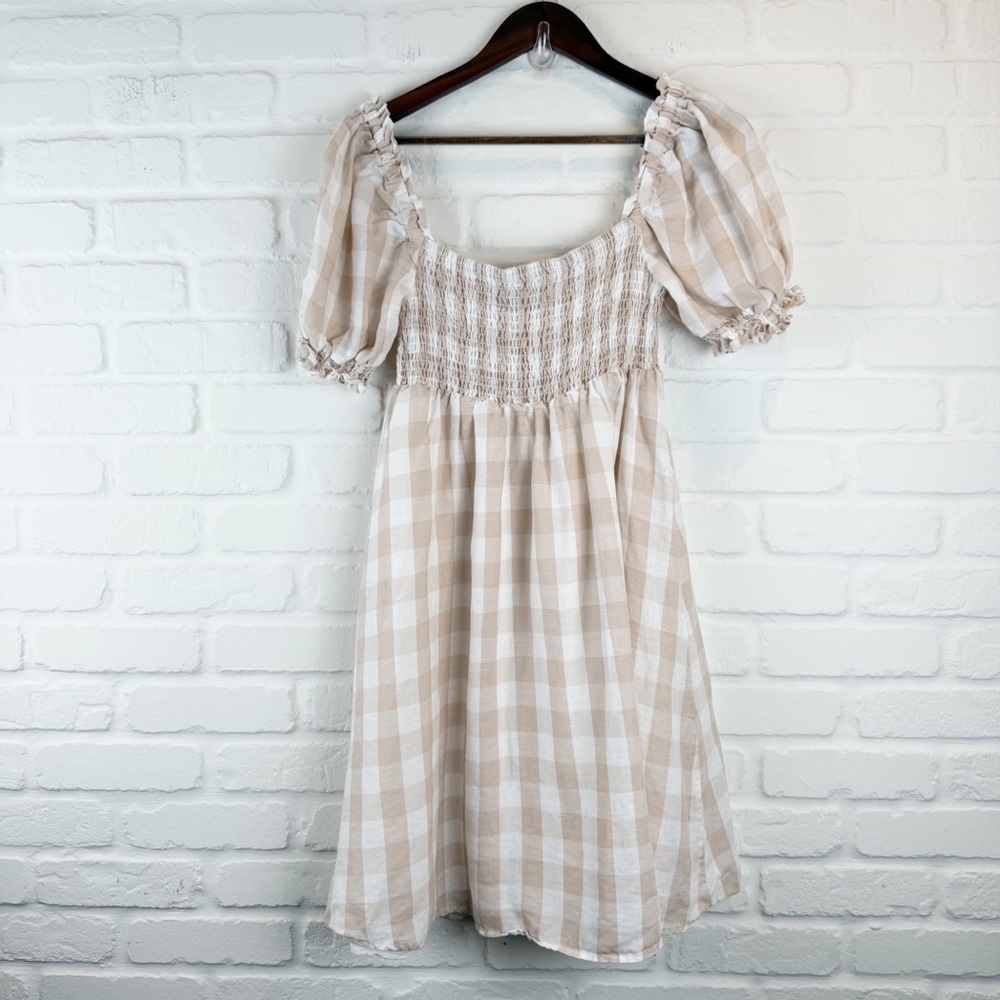House of Harlow 1960 White & Beige Gingham Puff Sleeve Smocked Mini Dress Small